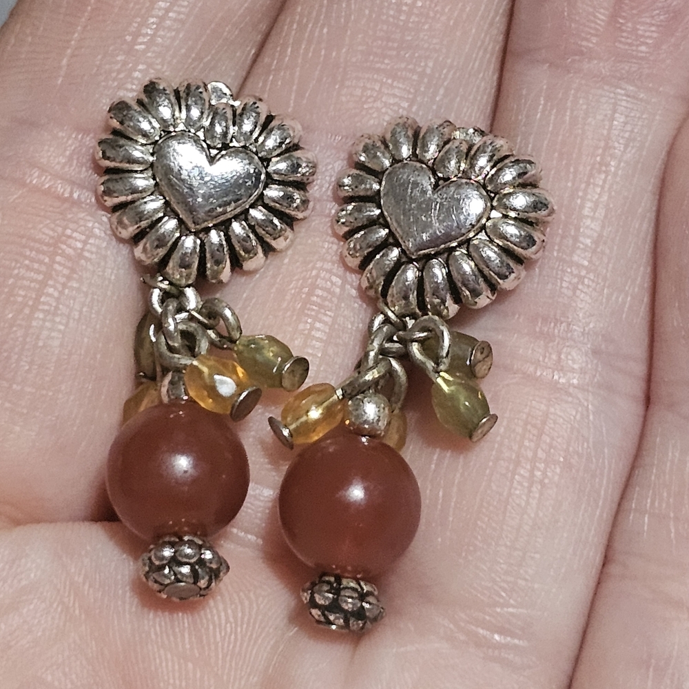 ⭐️Vintage Avon Silver Heart Dangle Earrings with Red and Yellow Accents